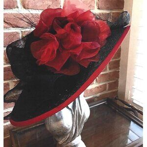 Kentucky Derby Straw Hat Black *Designer* with Adjustable Sizer Band Red Band ar